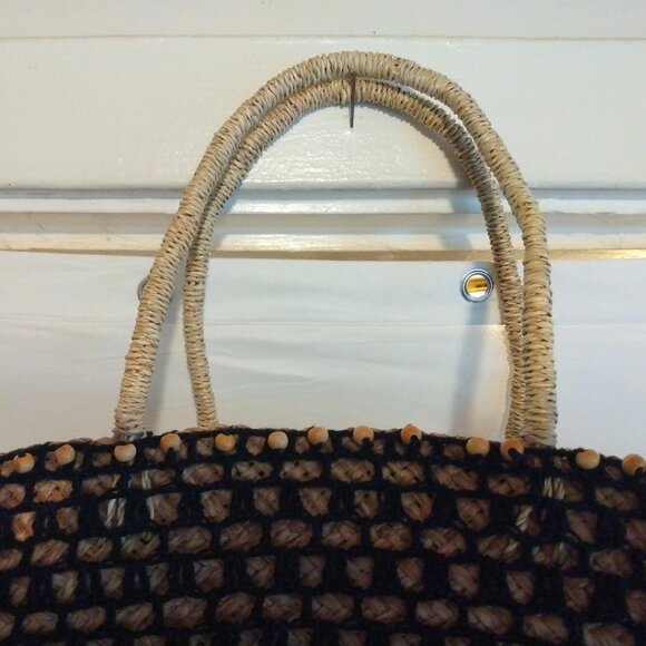 Handmade Braided Straw Basket Tote Boho Crochet Beaded Trim Drawstring Bag - Picture 6 of 10